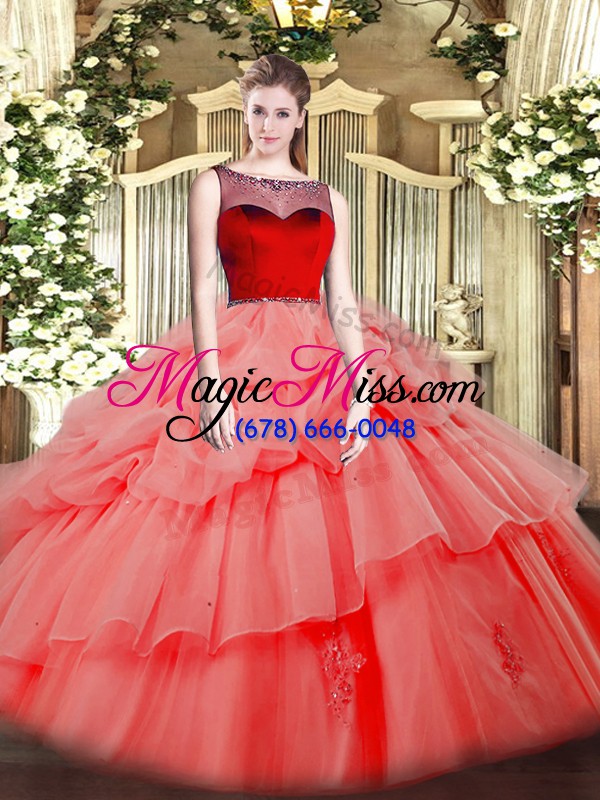 wholesale watermelon red zipper scoop beading and appliques sweet 16 dress organza sleeveless