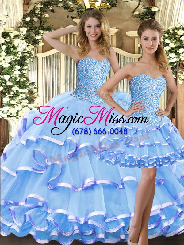 wholesale hot sale sweetheart sleeveless sweet 16 dresses floor length beading and ruffled layers baby blue tulle