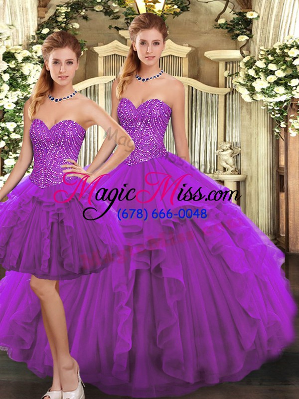 wholesale purple lace up sweetheart ruffles sweet 16 dress organza sleeveless