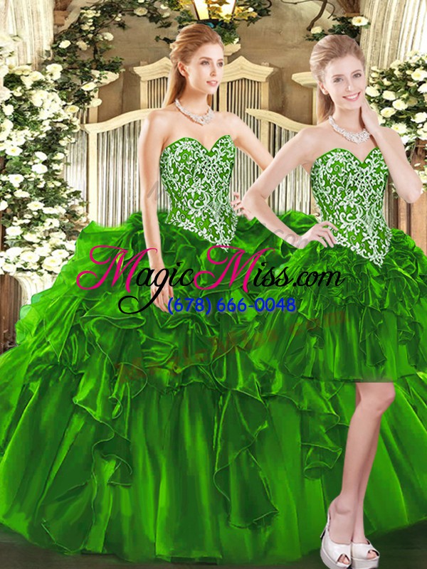 wholesale superior sleeveless floor length beading and ruffles lace up sweet 16 dress with dark green