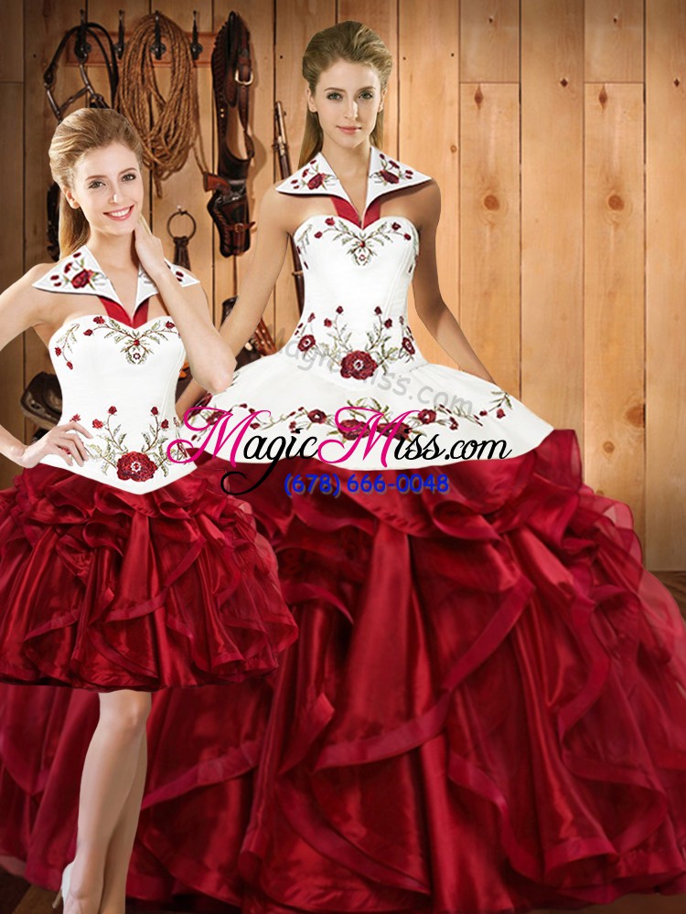 wholesale delicate wine red organza lace up 15 quinceanera dress sleeveless floor length embroidery and ruffles