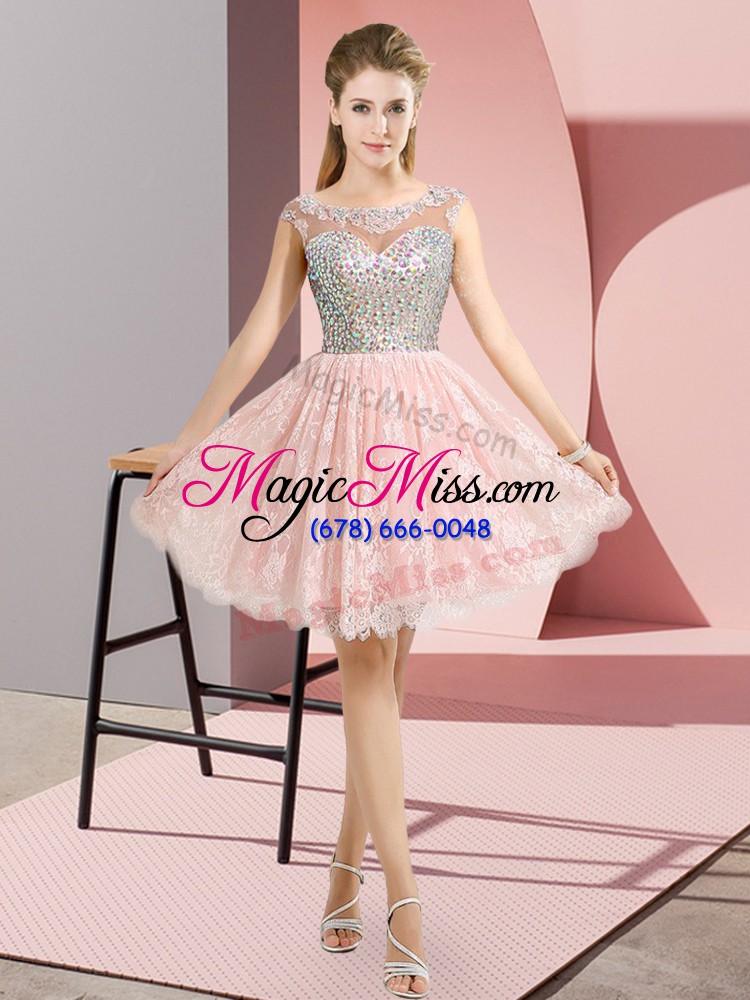 wholesale custom fit mini length baby pink prom evening gown lace cap sleeves beading
