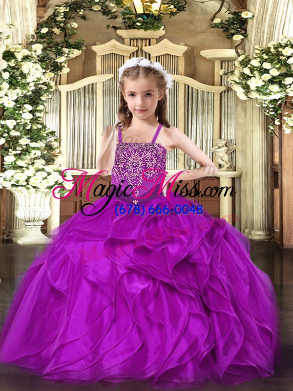 wholesale sleeveless floor length beading and ruffles lace up girls pageant dresses with fuchsia