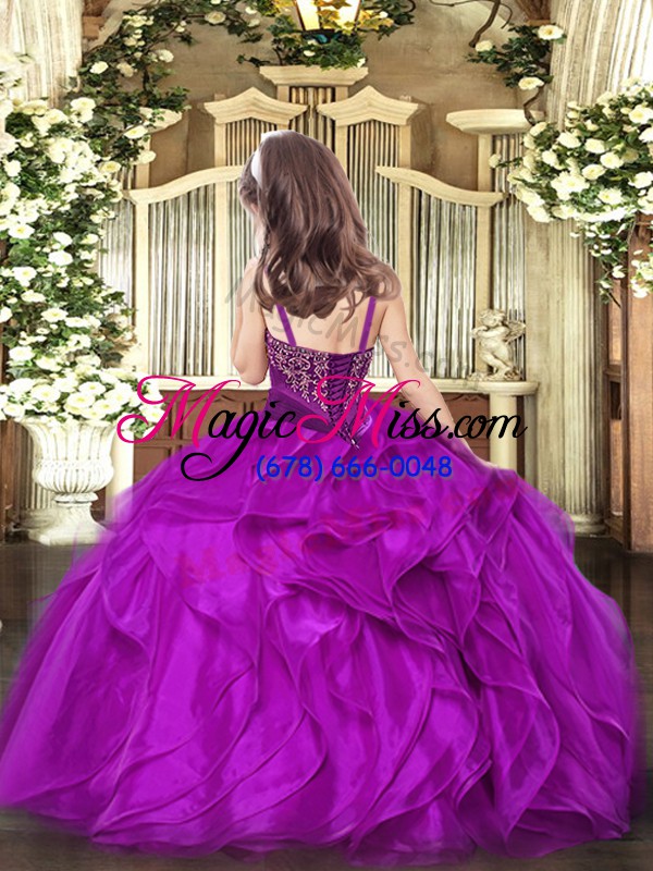 wholesale sleeveless floor length beading and ruffles lace up girls pageant dresses with fuchsia