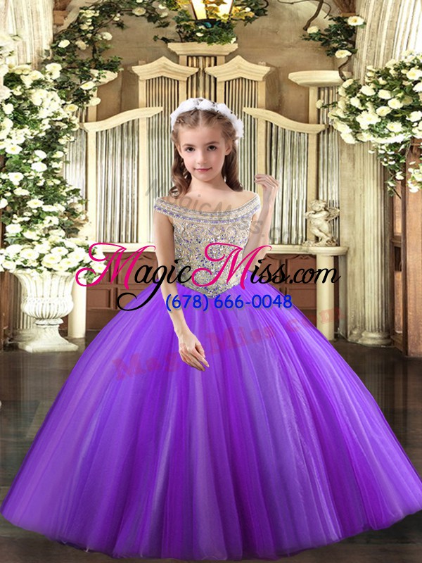 wholesale off the shoulder sleeveless little girls pageant gowns floor length beading purple tulle
