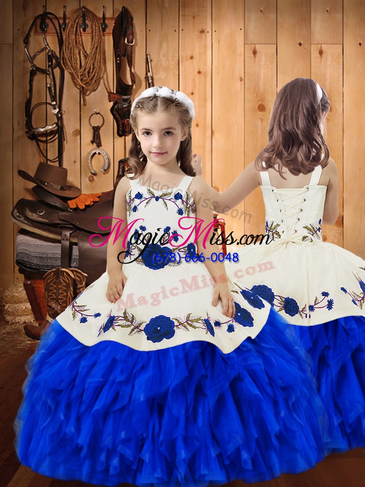 wholesale edgy sleeveless satin and organza floor length lace up 15th birthday dress in blue and white with embroidery and ruffles
