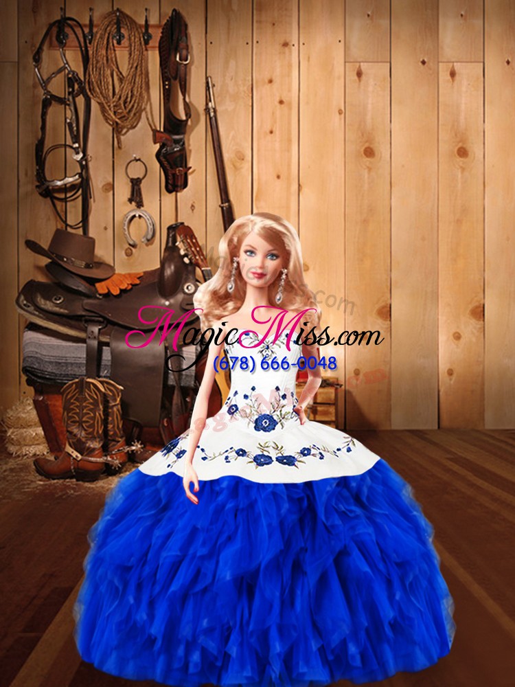 wholesale edgy sleeveless satin and organza floor length lace up 15th birthday dress in blue and white with embroidery and ruffles