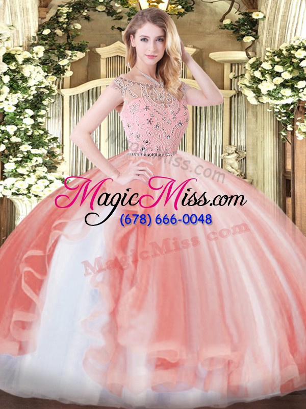 wholesale peach sleeveless tulle zipper ball gown prom dress for military ball and sweet 16 and quinceanera