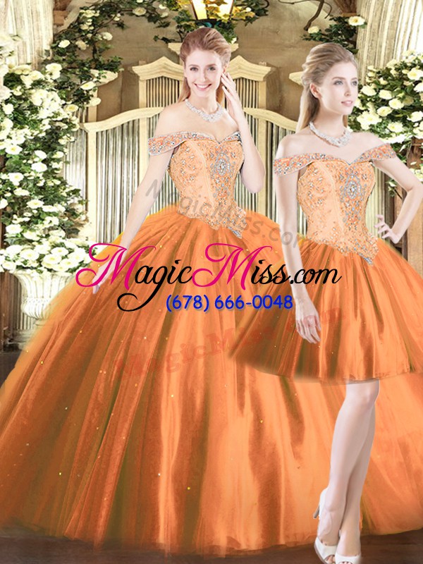 wholesale orange red off the shoulder neckline beading 15 quinceanera dress sleeveless lace up