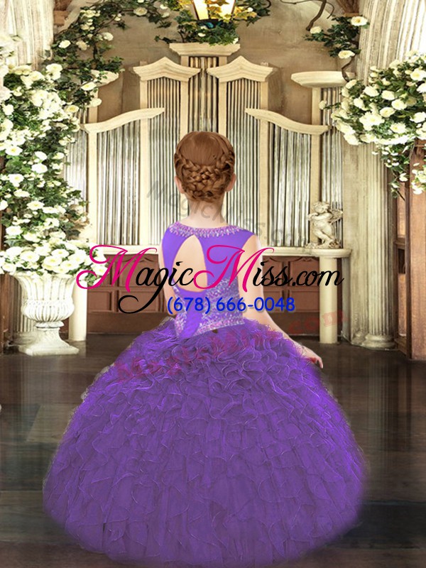 wholesale sleeveless organza floor length lace up kids formal wear in purple with beading and ruffles
