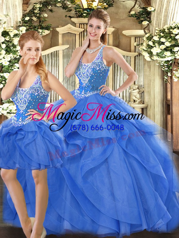 wholesale blue ball gowns beading and ruffles quince ball gowns lace up tulle sleeveless floor length
