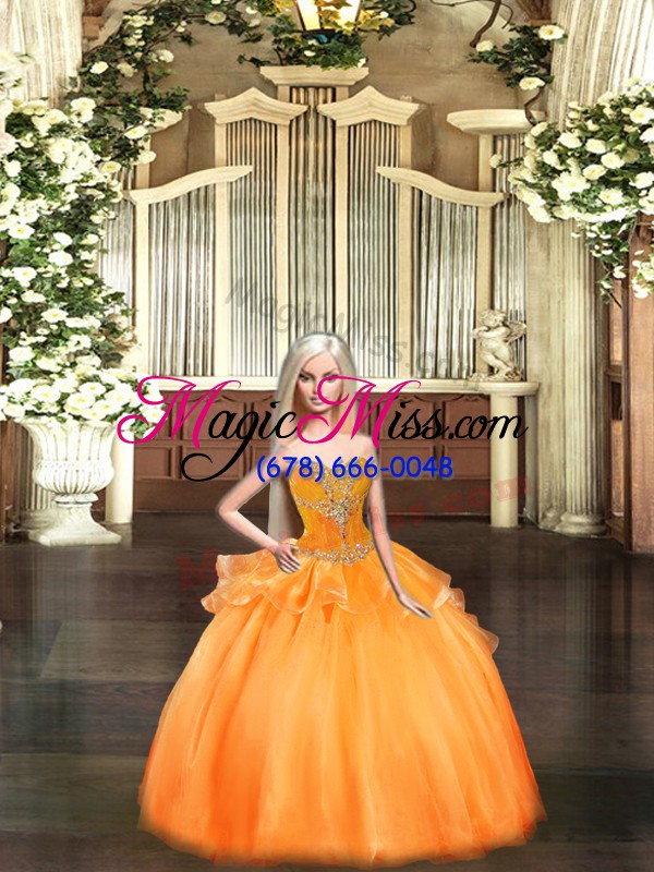 wholesale glittering orange red lace up quinceanera gown beading and ruffles sleeveless floor length