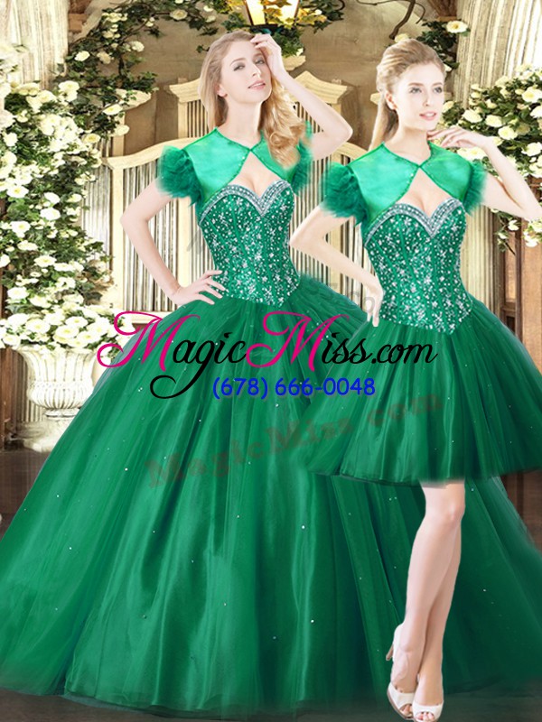 wholesale exquisite green sleeveless tulle lace up sweet 16 dress for military ball and sweet 16 and quinceanera