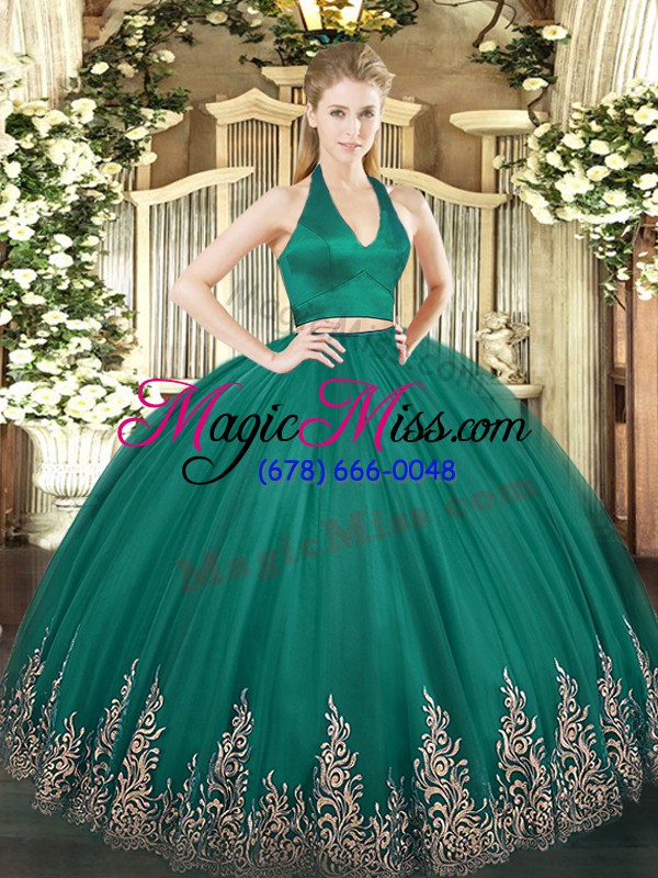 wholesale elegant dark green sleeveless tulle zipper ball gown prom dress for military ball and sweet 16 and quinceanera