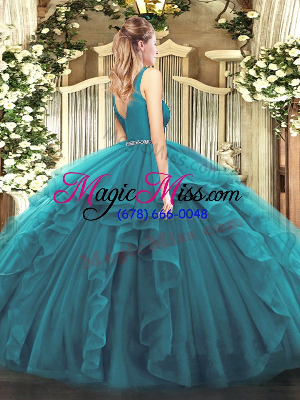 wholesale fuchsia ball gowns v-neck sleeveless tulle floor length zipper beading and ruffles sweet 16 dresses