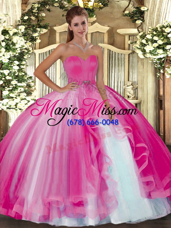 wholesale exceptional hot pink lace up sweetheart beading quinceanera dress tulle sleeveless