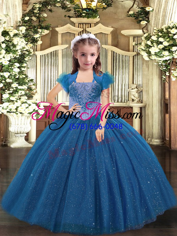 wholesale custom designed straps sleeveless child pageant dress floor length beading blue tulle
