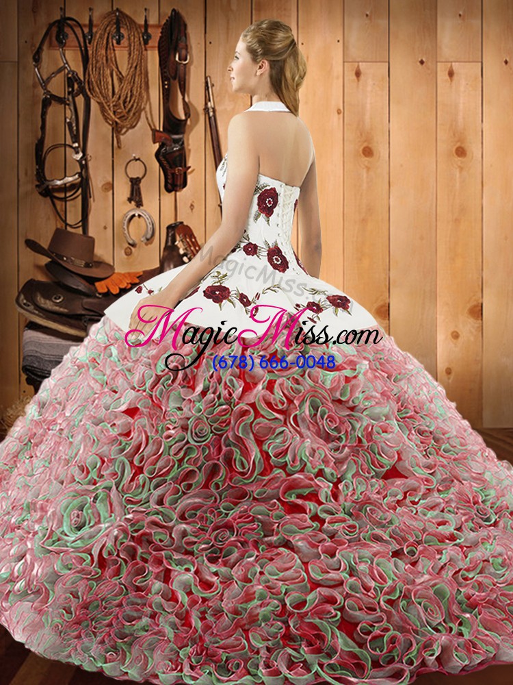 wholesale low price multi-color ball gowns halter top sleeveless fabric with rolling flowers sweep train lace up embroidery quinceanera gown