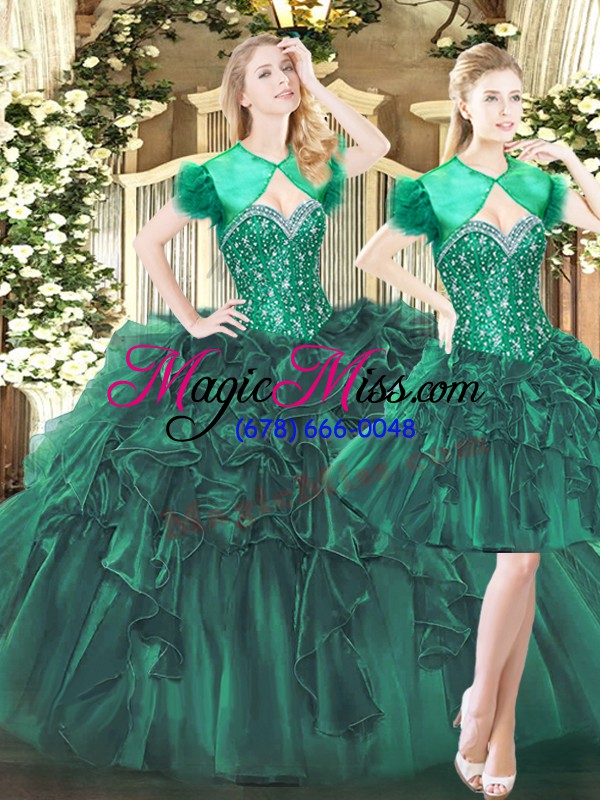 wholesale sleeveless tulle floor length lace up sweet 16 dresses in dark green with beading and ruffles
