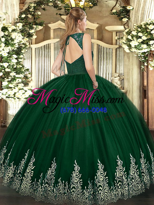 wholesale v-neck sleeveless vestidos de quinceanera floor length beading and lace and appliques olive green tulle