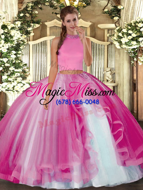wholesale sweet beading and ruffles sweet 16 dress hot pink backless sleeveless floor length
