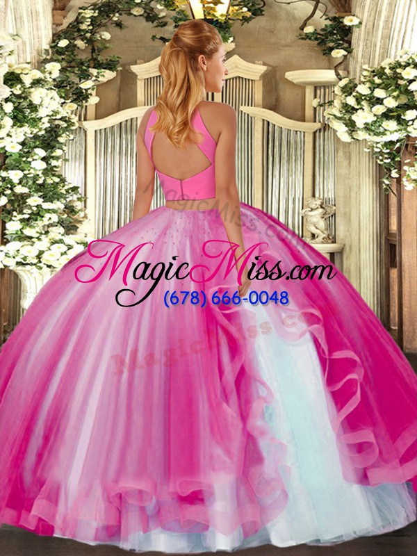 wholesale sweet beading and ruffles sweet 16 dress hot pink backless sleeveless floor length