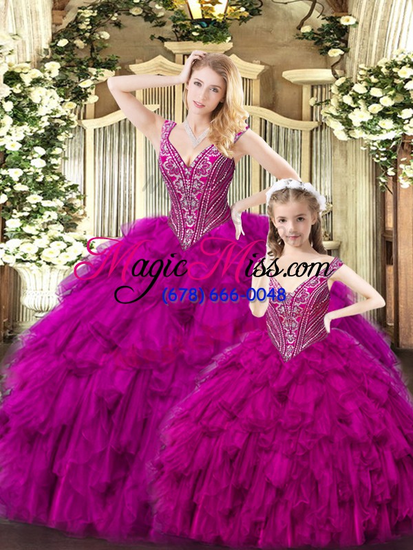 wholesale colorful tulle straps sleeveless lace up beading and ruffles 15 quinceanera dress in red