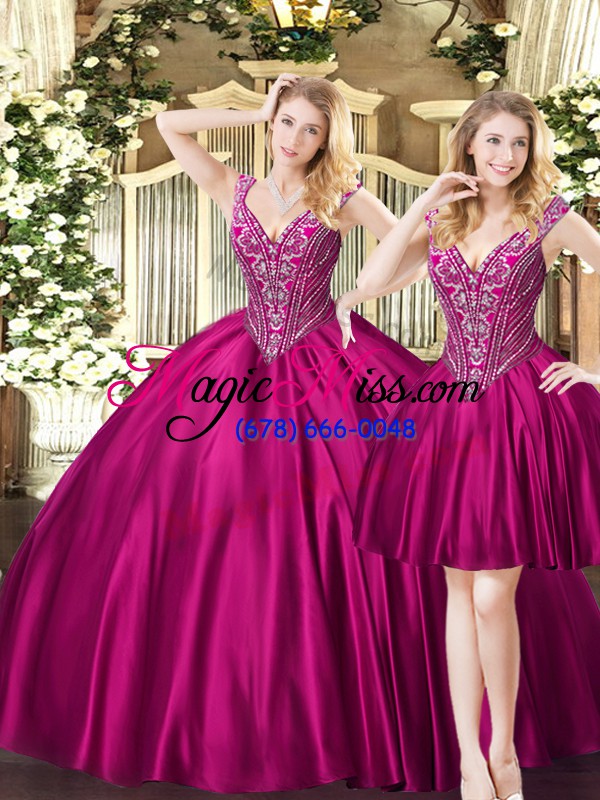 wholesale fuchsia vestidos de quinceanera military ball and sweet 16 and quinceanera with beading v-neck sleeveless lace up
