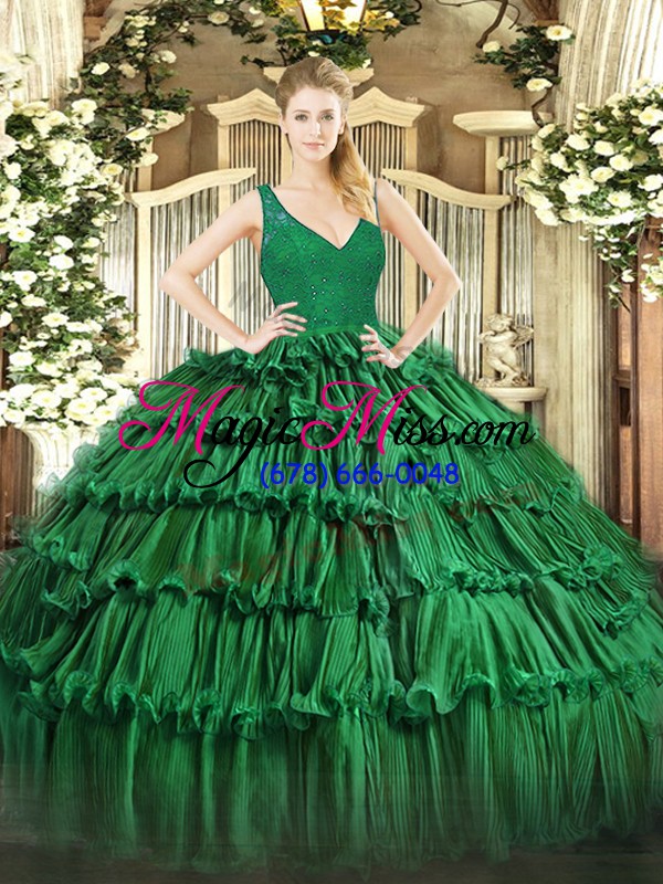 wholesale on sale v-neck sleeveless organza quinceanera gowns beading and ruffled layers zipper