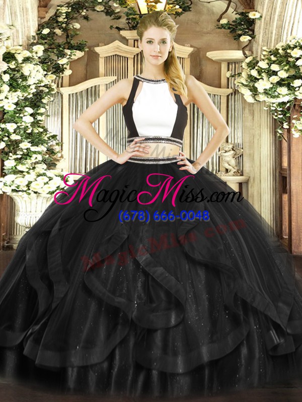 wholesale lovely black halter top backless ruffles quinceanera gowns sleeveless