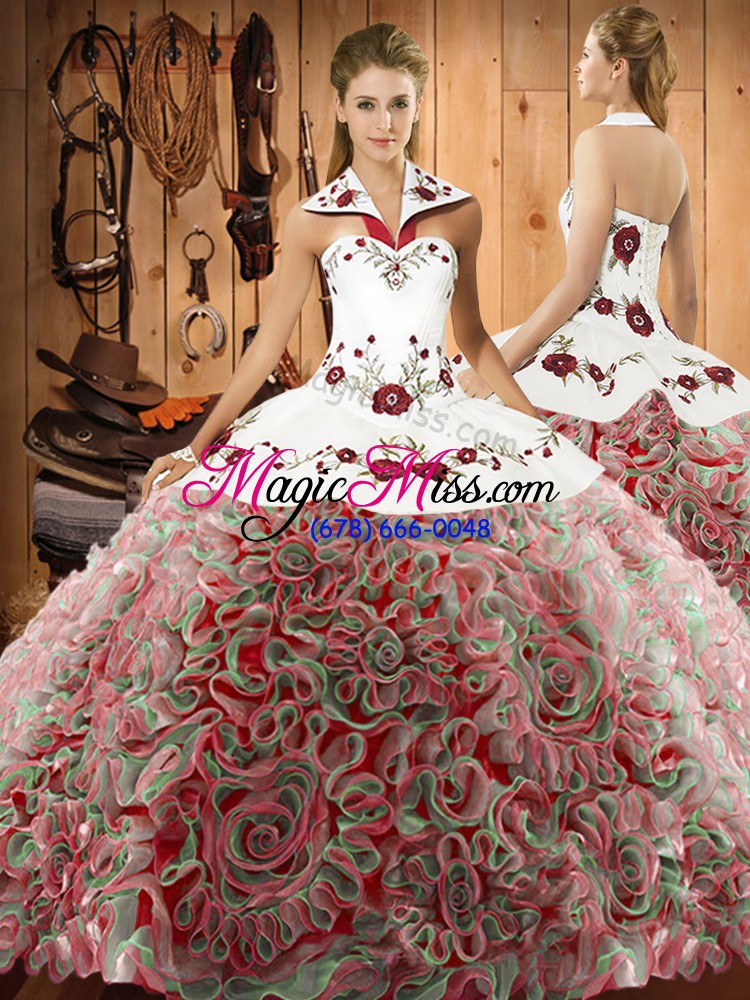 wholesale luxurious multi-color ball gowns halter top sleeveless fabric with rolling flowers sweep train lace up embroidery 15 quinceanera dress