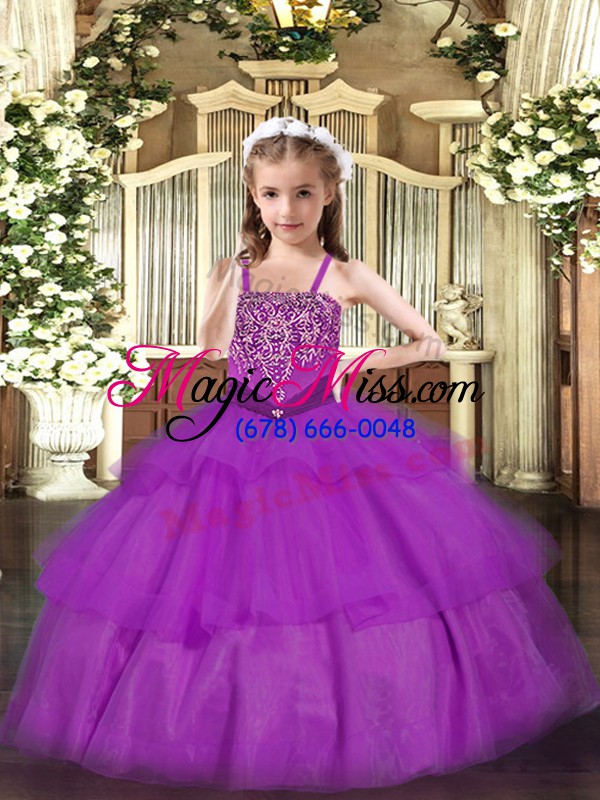 wholesale fashionable straps sleeveless lace up little girls pageant dress wholesale purple organza