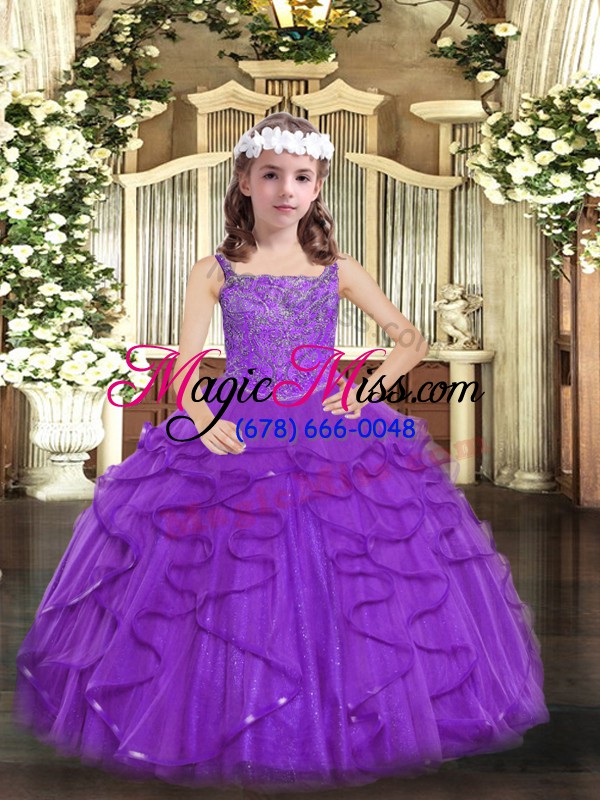 wholesale exquisite floor length purple little girls pageant gowns tulle sleeveless beading and ruffles