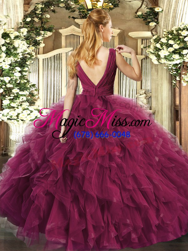 wholesale eye-catching purple ball gowns v-neck sleeveless organza floor length backless beading and ruffles 15th birthday dress