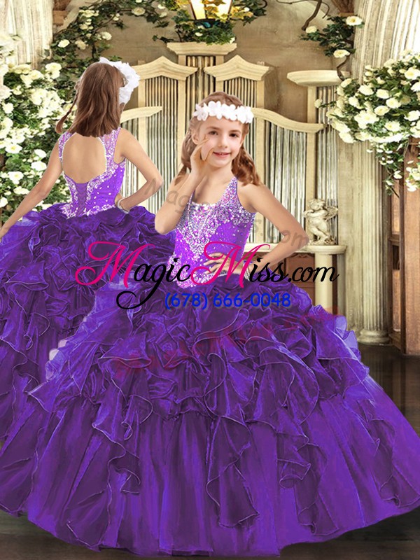 wholesale fitting floor length purple 15th birthday dress organza sleeveless beading and ruffles