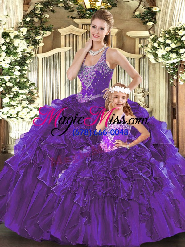 wholesale fitting floor length purple 15th birthday dress organza sleeveless beading and ruffles