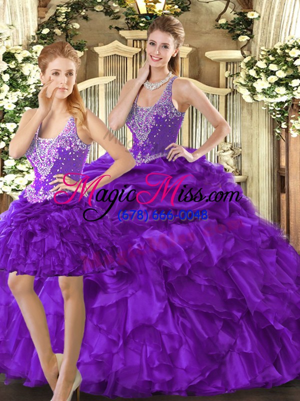 wholesale floor length lace up ball gown prom dress purple for military ball and sweet 16 and quinceanera with beading and ruffles