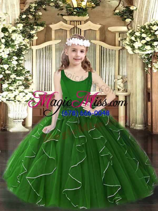 wholesale adorable dark green zipper little girls pageant gowns beading and ruffles sleeveless floor length