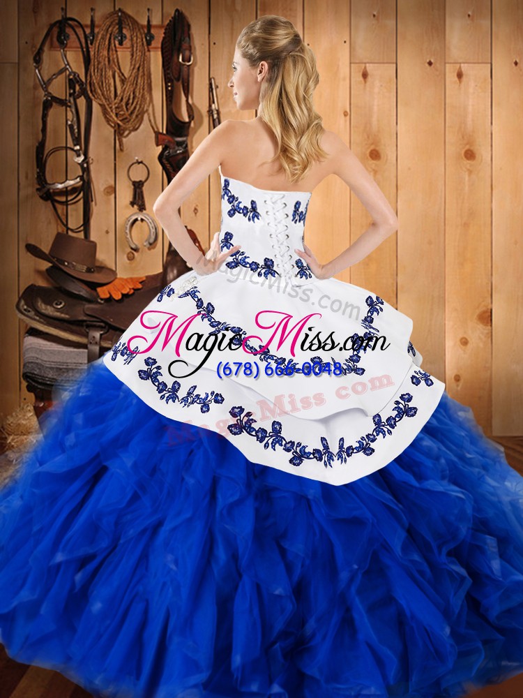 wholesale modern sleeveless floor length embroidery and ruffles lace up quinceanera dress with blue and white