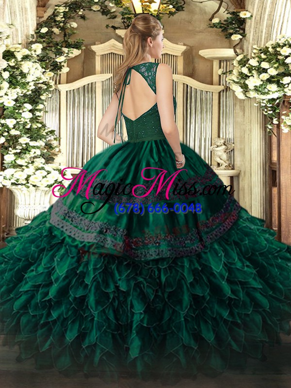 wholesale sleeveless organza floor length backless ball gown prom dress in green with beading and lace and ruffles
