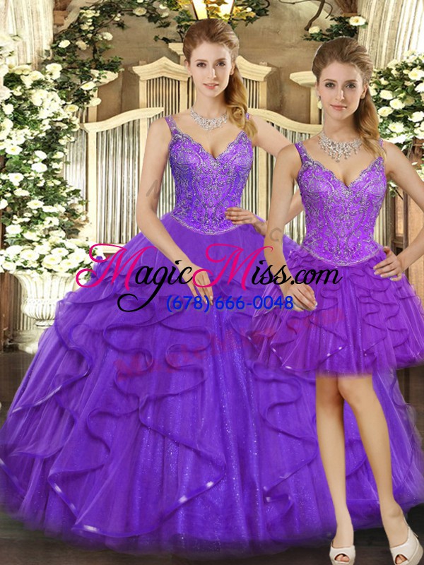 wholesale designer purple sleeveless beading and ruffles floor length sweet 16 dress