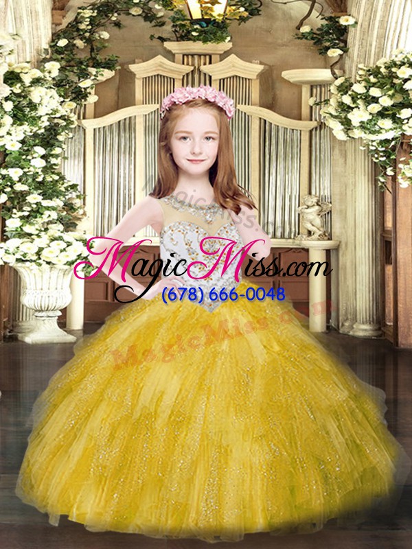 wholesale gold zipper scoop beading and ruffles little girl pageant dress tulle sleeveless