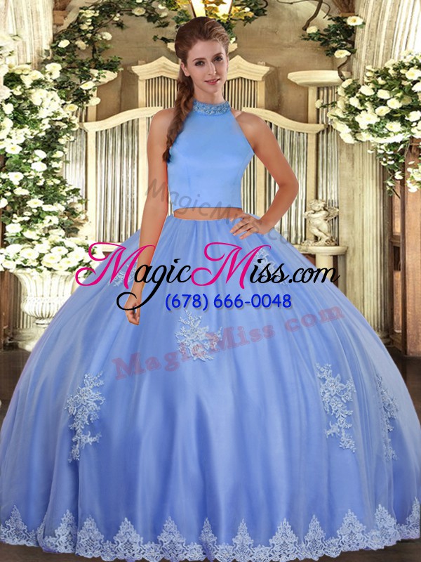 wholesale ball gowns sweet 16 dress baby blue halter top tulle sleeveless floor length backless
