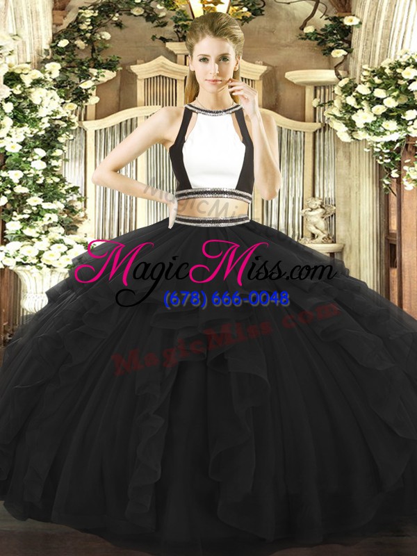 wholesale sleeveless tulle floor length backless quinceanera gown in black with ruffled layers