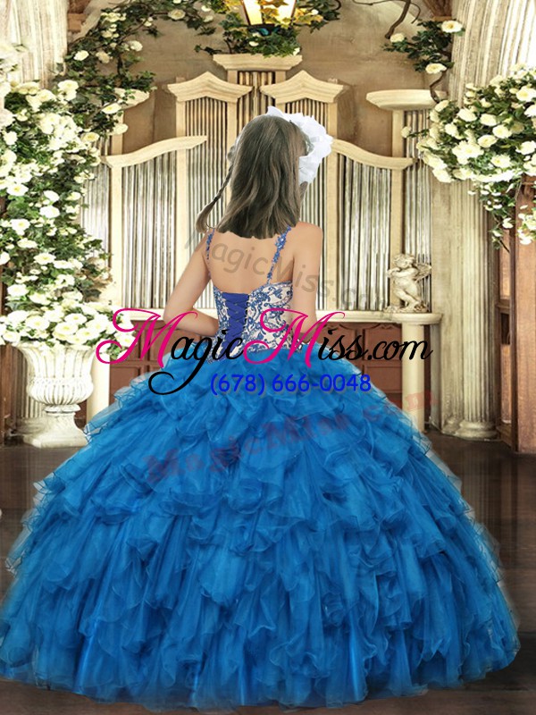 wholesale glorious beading and ruffles high school pageant dress blue lace up sleeveless floor length