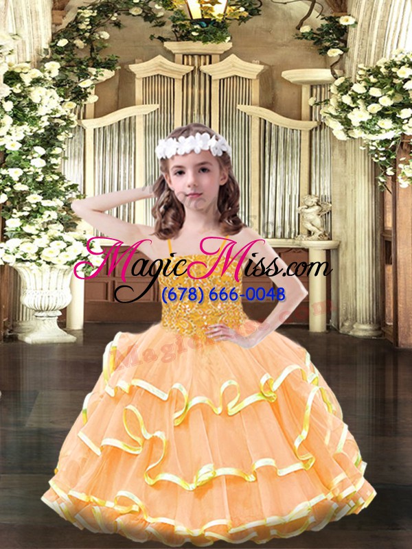 wholesale orange ball gowns organza spaghetti straps sleeveless beading and ruffled layers floor length lace up little girl pageant gowns