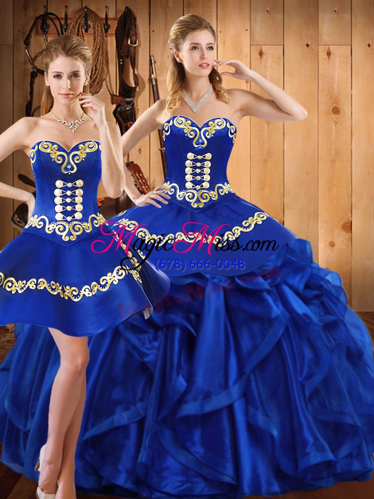 wholesale floor length lace up sweet 16 dress royal blue for military ball and sweet 16 and quinceanera with embroidery and ruffles