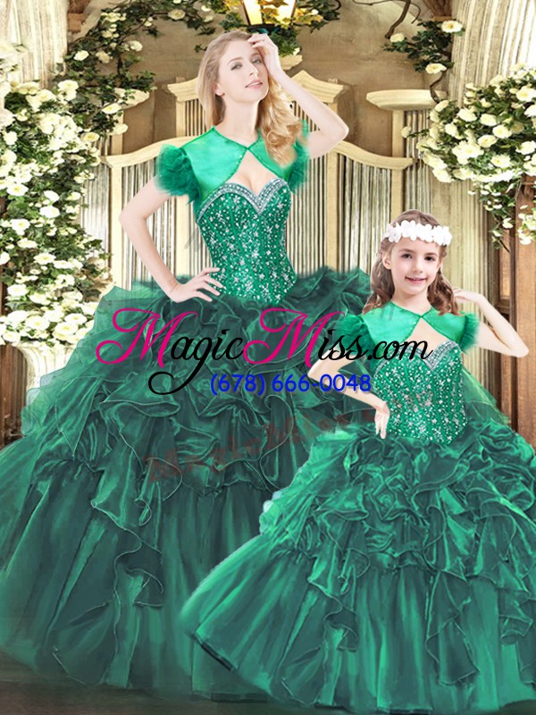 wholesale green lace up sweetheart beading and ruffles quinceanera dress organza sleeveless
