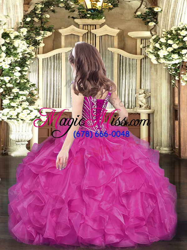 wholesale custom design ball gowns pageant dress for teens fuchsia v-neck organza sleeveless floor length lace up
