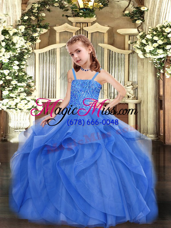 wholesale fancy ball gowns high school pageant dress blue straps organza sleeveless floor length lace up